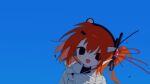  1girl a.i._voice adachi_rei blue_background blurry cable cable_hair_ornament hair_over_one_eye headset highres holding holding_paper jacket long_sleeves looking_at_viewer one_side_up open_mouth orange_hair paper revision sakakiai smile solo upper_body utau white_jacket 
