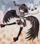  bad_id bad_pixiv_id black_legwear black_wings foreshortening geta hat leaf looking_at_viewer maple_leaf open_mouth red_eyes shameimaru_aya smile smirk solo tengu-geta thighhighs tokin_hat touhou wings yagi_(sinnsyou) zettai_ryouiki 