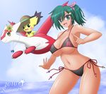  bikini breasts dark_skin gen_2_pokemon gen_3_pokemon green_eyes green_hair kei_(milky_well) large_breasts latias long_hair open_mouth original pichu pokemon pokemon_(creature) ponytail side-tie_bikini smile swimsuit underboob 