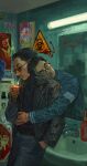  2boys absurdres bathroom belt black_hair black_jacket black_shirt denim different_shadow disco_elysium dual_persona english_text glowing graffiti hand_in_pocket head_on_another's_shoulder highres holding holding_lighter hug hug_from_behind indoors jacket jeans jewelry kim_kitsuragi kozmoraven1610 leaning_back lighter lighting_cigarette male_focus multiple_boys own_hands_together painterly pants realistic ring road_sign round_eyewear shirt sign sink stop_sign through_medium through_mirror tile_wall tiles variant_set 