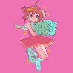  1girl aming1001 antenna_hair cardcaptor_sakura cheerleader dress full_body green_eyes kinomoto_sakura looking_at_viewer open_mouth pink_background pom_pom_(cheerleading) red_dress sailor_collar short_twintails simple_background sleeveless sleeveless_dress solo twintails white_sailor_collar 