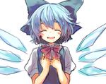  blue_hair cirno closed_eyes hair_ribbon miya_(tsumazukanai) open_mouth ribbon short_hair smile solo touhou wings 