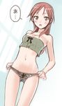  a adjusting_clothes adjusting_panties bad_id bad_pixiv_id bare_shoulders blush breasts cleavage crop_top iron_cross long_hair medium_breasts midriff minna-dietlinde_wilcke navel open_mouth panties red_eyes red_hair sano_toshihide solo strapless strike_witches striped striped_panties translated tubetop underwear world_witches_series 