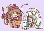  2boys animal beanie belt belt_buckle blonde_hair blue_eyes bridal_gauntlets brown_hair buckle chibi chibi_only closed_eyes commentary facial_hair gyro_zeppeli hair_through_headwear hat hood hood_down hoodie horse horseshoe_ornament johnny_joestar jojo_no_kimyou_na_bouken long_hair m_a_a_m_8 male_focus multiple_boys musical_note outline outstretched_arm pants parted_lips purple_background short_sleeves singing slow_dancer_(jojo) steel_ball_run teeth untranslatable_commentary upper_teeth_only valkyrie_(jojo) white_outline 