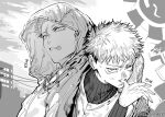  2boys age_progression commentary dirty dirty_face greyscale hood hood_up hooded_jacket itadori_yuji jacket jujutsu_kaisen jujutsu_kaisen_modulo looking_at_viewer male_focus monochrome multiple_boys no_seng07 scar scar_on_face scar_on_forehead scar_on_mouth short_hair sideburns teeth twitter_username undercut untranslatable_commentary upper_body zipper 