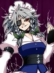  braid eyepatch grin izayoi_sakuya maid maid_headdress red_eyes short_hair silver_hair smile solo tajima_yuuki touhou twin_braids 