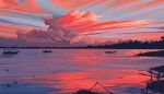  absurdres blue_sky boat cloud cloudy_sky colorful_clouds commentary english_commentary fangpeii flock highres lake no_humans original outdoors procreate_(medium) scenery signature simple_bird sky twilight water watercraft 
