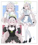  1girl :d ahoge beatrixa_(stella_sora) black_shoes blue_necktie breasts cleavage commentary_request fang green_halo grey_hair halo hands_up hat highres large_breasts lilibea_(stella_sora) long_hair long_sleeves looking_at_viewer multiple_views necktie nurse_cap open_mouth shoes skin_fang smile stella_sora stethoscope_around_neck thighhighs tori_(tori_nankotsu96) two_side_up white_hat white_thighhighs white_wings wings 