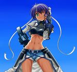  belt blue_background blue_hair can can_to_cheek denim denim_shorts fingerless_gloves gloves green_eyes hand_on_hip lyrical_nanoha mahou_shoujo_lyrical_nanoha_strikers midriff navel one_eye_closed purple_hair revolver_knuckle short_shorts shorts shunzou solo subaru_nakajima sweat 