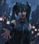  1girl absurdres aqua_eyes aqua_hair aqua_necktie bare_shoulders black_skirt black_sleeves building city city_lights cloud cloudy_sky collared_shirt crying crying_with_eyes_open dark_cloud detached_sleeves dutch_angle false_smile grey_shirt hair_between_eyes hatsune_miku headphones headset highres lily_(superkiiisa) long_hair looking_at_viewer necktie number_tattoo open_mouth pale_skin rain reaching reaching_towards_viewer sad_smile shirt skirt sky sleeveless sleeveless_shirt smile solo streaming_tears tattoo tears twintails very_long_hair vocaloid water_drop wet wet_clothes wet_hair wet_shirt wrinkled_fabric 