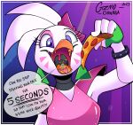 2023 animatronic anthro anthro_pred anthro_prey avian beak bird chicken clothed clothed_female clothed_male clothing dated duo eating english_text extreme_size_difference eyebrows eyelashes female female_pred fingerless_gloves five_nights_at_freddy's five_nights_at_freddy's:_security_breach food frustrated galliform gizmo_(gizmochinasa) gizmochinasa glamrock_chica gloves handwear hi_res lagomorph leporid machine male male/female male_prey mammal oral_vore phasianid pizza pizza_slice rabbit robot scottgames shoulder_pads signature size_difference speech_bubble steel_wool_studios text tongue tools uvula vore wrench