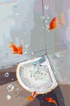  absurdres bubble chinese_commentary chromatic_aberration commentary_request fangpeii faucet fish flying_fish from_above highres indoors no_humans original plate procreate_(medium) scenery sink water 