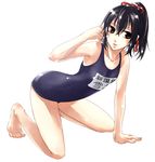  all_fours barefoot black_hair brown_eyes hakuouki_shinsengumi_kitan ichioku one-piece_swimsuit ponytail school_swimsuit solo swimsuit yukimura_chizuru 