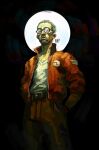  1boy arm_hair belt bomber_jacket buzz_cut cowboy_shot d0vvee disco_elysium expressionless gloves hair_slicked_back hand_in_pocket highres jacket kim_kitsuragi looking_at_viewer male_focus moon_behind_head orange_gloves orange_jacket painterly round_eyewear shirt short_hair solo very_short_hair white_shirt 