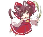  animal_ears brown_eyes brown_hair cat_ears cat_tail chibi detached_sleeves flying hair_ribbon hakurei_reimu kemonomimi_mode miya_(tsumazukanai) open_mouth ribbon solo tail touhou 