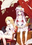 ahoge armchair barefoot blonde_hair blue_eyes blush book book_on_head chair collarbone crescent desk dr_pepper flying_paper hair_ribbon hat hat_removed headwear_removed ke-ta kirisame_marisa lamp legs long_hair multiple_girls no_pants object_on_head open_book paper patchouli_knowledge product_placement purple_hair ribbon sitting touhou witch_hat 