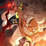 1boy alternate_form clenched_hand clenched_teeth commentary evil_smile hagoromo haki_(one_piece) hat highres iamosix2 incoming_attack instagram_username male_focus monkey_d._luffy one_piece purple_sash sash scar scar_on_face shawl short_hair shorts smile solo straw_hat teeth twitter_username white_hair white_shorts yellow_eyes 