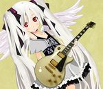  :o albino_(vocaloid) ameria1118 angel_wings bad_id bad_pixiv_id dress guitar hair_ribbon hatsune_miku instrument long_hair red_eyes ribbon solo twintails very_long_hair vocaloid white_hair wings 