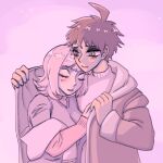  1boy 1girl ahoge blush brown_hair closed_eyes closed_mouth danganronpa_(series) danganronpa_2:_goodbye_despair eyelashes fingernails grey_eyes hinata_hajime jacket long_sleeves nanami_chiaki open_clothes open_jacket pink_background pink_hair purple_jacket purple_sweater scarf shared_clothes shared_jacket short_hair shuugaru smile sweater third-party_source upper_body white_scarf white_sweater 
