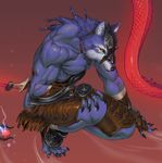  1boy animal_ears armor artist_request blue_skin claws fantasy fur furry kneeling leather_armor male male_focus muscle muscular one_knee snake sword tribal weapon werewolf wolf wolf_ears wolf_man 