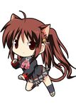  animal_ears bow brass_knuckles brown_eyes brown_hair cat_ears chibi kannazuki_yukito little_busters! long_hair natsume_rin pink_bow ponytail school_uniform solo tail weapon 
