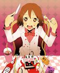  1girl bad_id bad_pixiv_id bow bowtie brown_eyes brown_hair cable checkered drink engrish fork formal hair_ornament hairclip heinz hirasawa_yui k-on! ketchup knife plectrum product_placement ranguage solo star suit symbol-shaped_pupils tamaoki_benkyou 