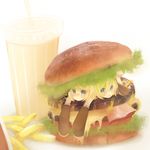  1girl blonde_hair blue_eyes brother_and_sister drink food french_fries hair_ornament hairclip hamburger in_food kagamine_len kagamine_rin masha_(twinbox) milkshake miniboy minigirl short_hair siblings twins vocaloid 