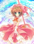  asakura_hayate bad_id bad_pixiv_id brown_hair cardcaptor_sakura dress fuuin_no_tsue gloves green_eyes hat kinomoto_sakura magical_girl pink_hat short_hair solo staff white_gloves 