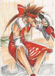  cosplay crossdressing detached_sleeves guilty_gear hakurei_reimu hakurei_reimu_(cosplay) highres left-handed leg_hair male_focus manly sarme sol_badguy solo sword touhou weapon 