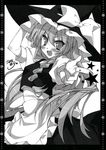  :d braid greyscale hand_on_headwear hat highres kirisame_marisa korie_riko long_hair looking_at_viewer monochrome open_mouth pointing pointing_at_viewer scan smile solo star touhou witch_hat 