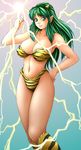  alien bikini blue_eyes breasts gradient gradient_background green_hair hand_on_hip horns huge_breasts large_breasts lightning long_hair looking_at_viewer lum oni simple_background solo swimsuit tiger_print urusei_yatsura youhei_kozou 