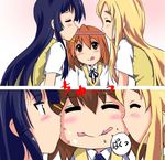  3girls :q =_= akiyama_mio blush cheek_kiss closed_eyes comic double_cheek_kiss eating eyebrows food girl_sandwich hirasawa_yui k-on! kiss kotobuki_tsumugi long_hair multiple_girls pocky pocky_kiss sandwiched school_uniform shared_food short_hair smile strawberry_pocky t2 thick_eyebrows tongue tongue_out translated yuri 