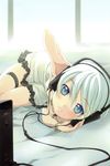  absurdres amplifier blue_eyes bracelet downblouse face green_eyes hand_on_ear headphones highres jewelry listening_to_music looking_at_viewer lying minamura_haruki on_side original scan short_hair solo stax thigh_strap white_hair 