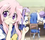  ahoge bad_id bad_pixiv_id computer glasses hiiragi_kagami hiiragi_tsukasa izumi_konata long_hair lucky_star maruki_(punchiki) multiple_girls pink_hair ryouou_school_uniform school_uniform serafuku takara_miyuki yellow_neckwear 