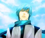  blue_eyes blue_hair day kaito male_focus maona0813 scarf sky solo vocaloid 