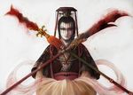  blood chinese_clothes crown facial_hair guan_dao hanfu hat liu_bei macha_(artist) male_focus mian_guan mustache polearm shin_sangoku_musou solo spear weapon 