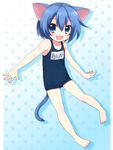 :3 absurdres animal_ears barefoot blue_eyes blue_hair cat_ears cat_tail child fang feet highres one-piece_swimsuit onka original school_swimsuit short_hair solo swimsuit tail usashiro_mani 