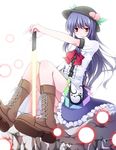  bad_id bad_pixiv_id blue_hair boots chidori_(rannrannru) food fruit hat hinanawi_tenshi long_hair peach red_eyes solo sword sword_of_hisou touhou weapon 