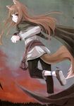  absurdres animal_ears anklet ayakura_juu blush brown_hair cape fangs grin highres holo jewelry long_hair looking_back no_socks official_art pouch red_eyes running scan smile solo spice_and_wolf tail wolf_ears 