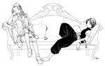  1girl armband barefoot chris_lightfellow closed_eyes contrast couch gensou_suikoden gensou_suikoden_iii greyscale hugo_(suikoden_iii) katsura_(+araka) long_hair monochrome pants parachute_pants pillow sitting sketch sleeping 