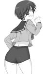  ass blush buruma greyscale highres looking_back matsubara_aoi monochrome school_uniform shichimenchou short_hair simple_background solo to_heart 