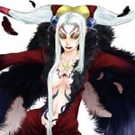  bad_id bad_pixiv_id breasts cleavage dissidia_final_fantasy final_fantasy final_fantasy_viii horns koshi00x large_breasts long_hair navel revealing_clothes solo tattoo ultimecia white_hair yellow_eyes 