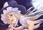  :d blonde_hair blush dutch_angle fang from_below hair_ornament hair_tie hand_on_hip hat kirisame_marisa long_hair moon night open_mouth red_eyes smile solo tenkuu_nozora touhou upper_body witch_hat 