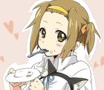  alternate_hairstyle animal_ears bad_id bad_pixiv_id brown_eyes brown_hair cat_ears food food_on_face fork hairband k-on! maruki_(punchiki) mouth_hold plate ponytail school_uniform short_hair side_ponytail solo tainaka_ritsu 