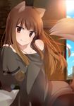  animal_ears bad_id bad_pixiv_id bare_shoulders blush brown_hair chocho_(homelessfox) fang holo long_hair red_eyes smile solo spice_and_wolf tail wolf_ears wolf_tail 