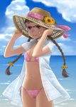  beach bikini braid brown_eyes brown_hair day glasses hat long_hair luna2 ocean open_clothes open_shirt original outdoors shirt side-tie_bikini solo swimsuit twin_braids twintails water 