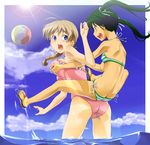  ahoge ass bad_id bad_pixiv_id ball beachball bikini braid breast_grab breasts butt_crack carrying day feet flip-flops francesca_lucchini grabbing highres lens_flare light_rays lynette_bishop medium_breasts multiple_girls one-piece_swimsuit open_mouth piggyback sandals sashisu side-tie_bikini sideways_mouth strike_witches striped striped_bikini sunbeam sunlight swimsuit toes twintails wading water world_witches_series 