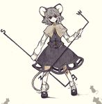  animal_ears bangs black_skirt black_vest bobby_socks capelet dowsing_rod eyebrows_visible_through_hair full_body grey_capelet grey_hair jewelry long_sleeves mary_janes mouse mouse_ears mouse_tail nazrin necklace red_eyes shiina_aya shoes short_hair simple_background skirt smile socks solo tail touhou vest 
