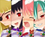  animal_ears aqua_hair black_hair blonde_hair bunny_ears chiester00 chiester410 chiester45 chiester556 chiester_sisters column_lineup cut-in disgaea disgaea_team_attack eyepatch multiple_girls open_mouth parody pink_hair red_eyes umineko_no_naku_koro_ni yasutake 