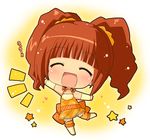  brown_hair chibi closed_eyes cute_&amp;_girly_(idolmaster) hahifuhe idolmaster idolmaster_(classic) mini_morning_(idolmaster) open_mouth outstretched_arms skirt solo takatsuki_yayoi thighhighs twintails 